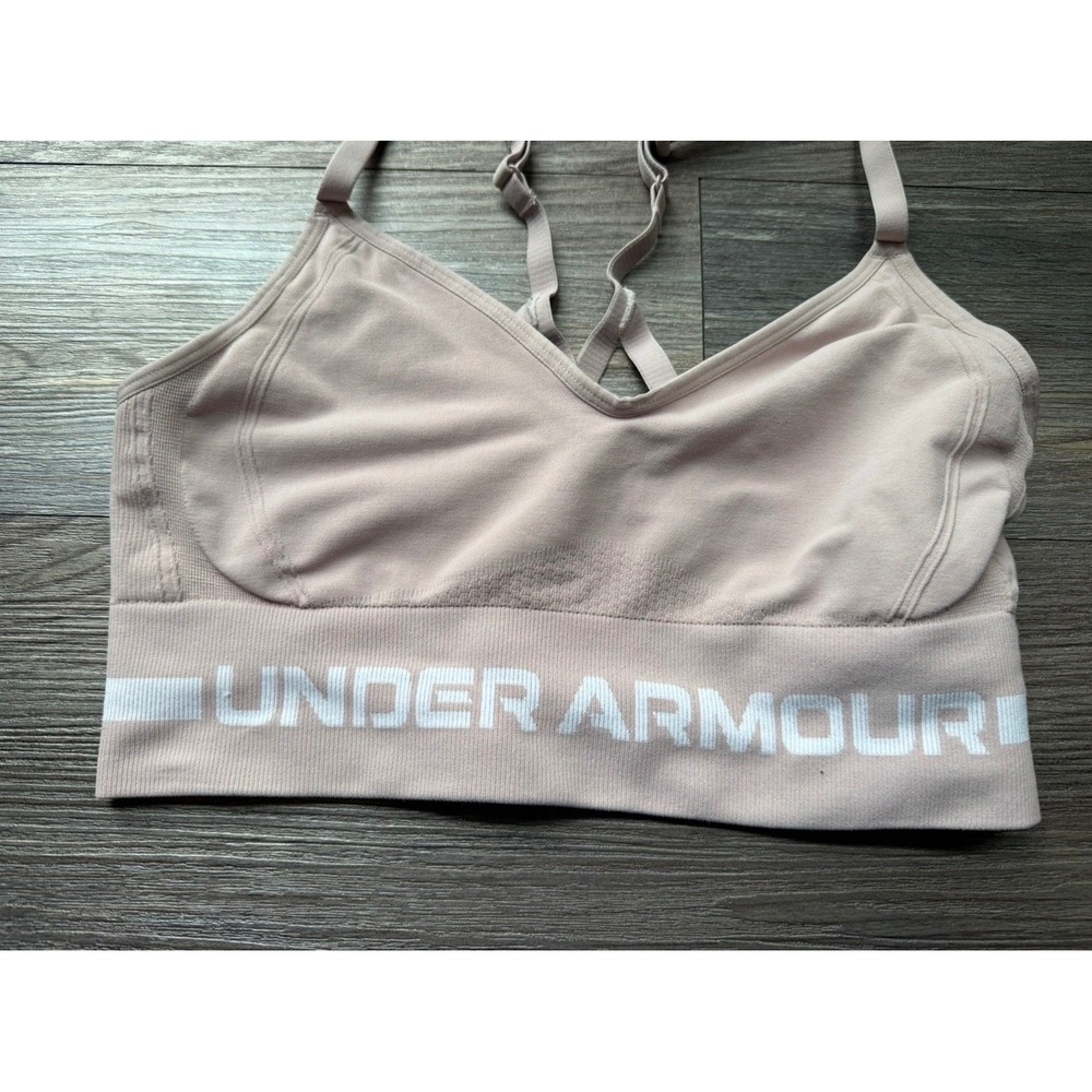 Under Armour Seamless Low Long Sports Bra Mauve Pink Strappy Back Womens Medium - Picture 2 of 4